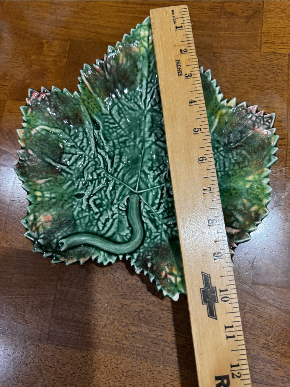 Bordallo Pinheiro Majolica Leaf Dish Green Orange Glaze Pottery Made in Portugal - Picture 10 of 11